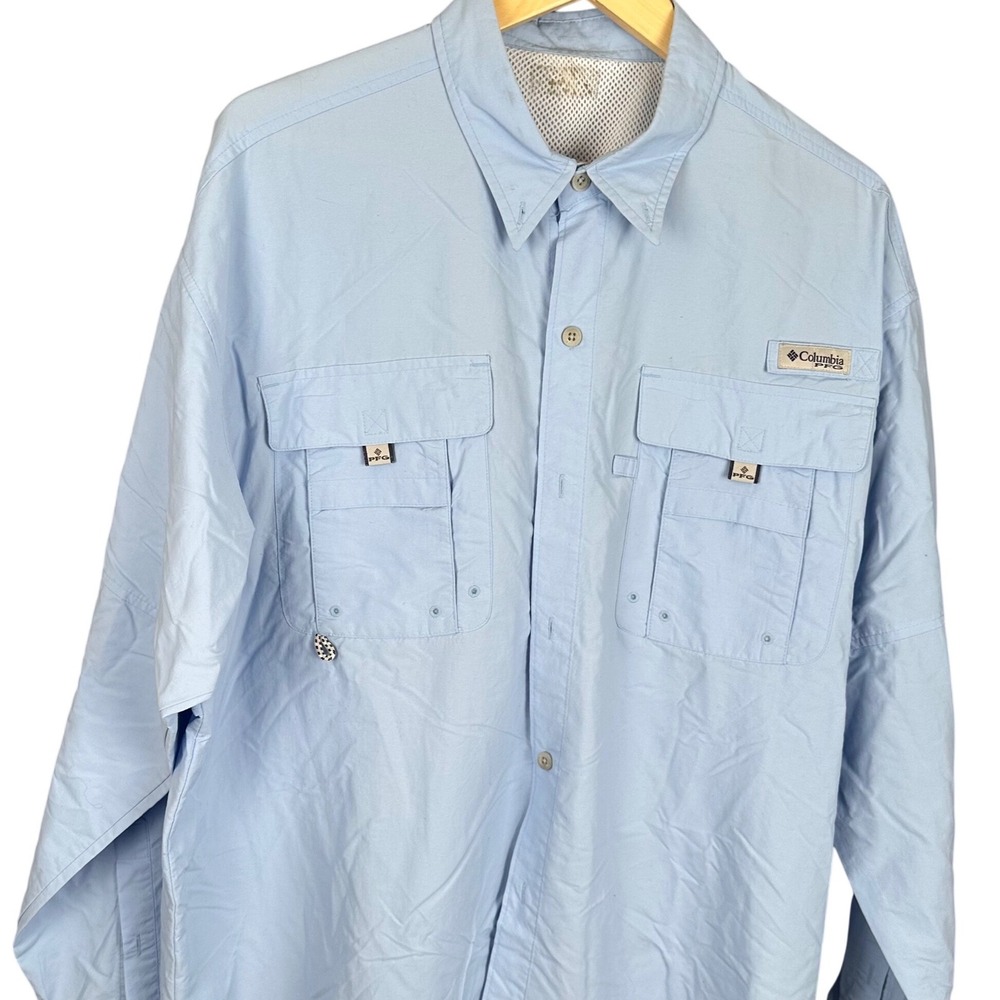 Columbia PFG Mens XL Light Blue Long Sleeve Fishing Shirt Ventilated Button Up